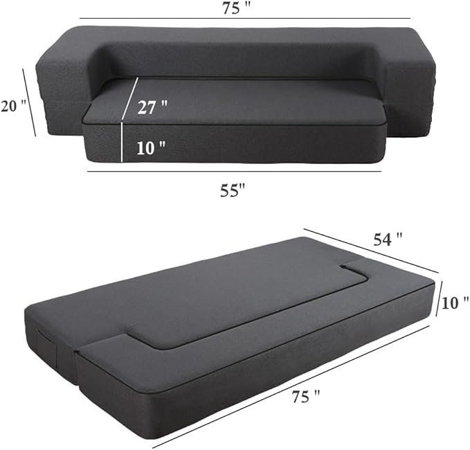 HonTop 10 Inch Modern Folding Sofa Bed Couch Memory Foam Couch Full Futon Sofa Sleeper Chair for Living Room Guest Mattress, Dark Grey