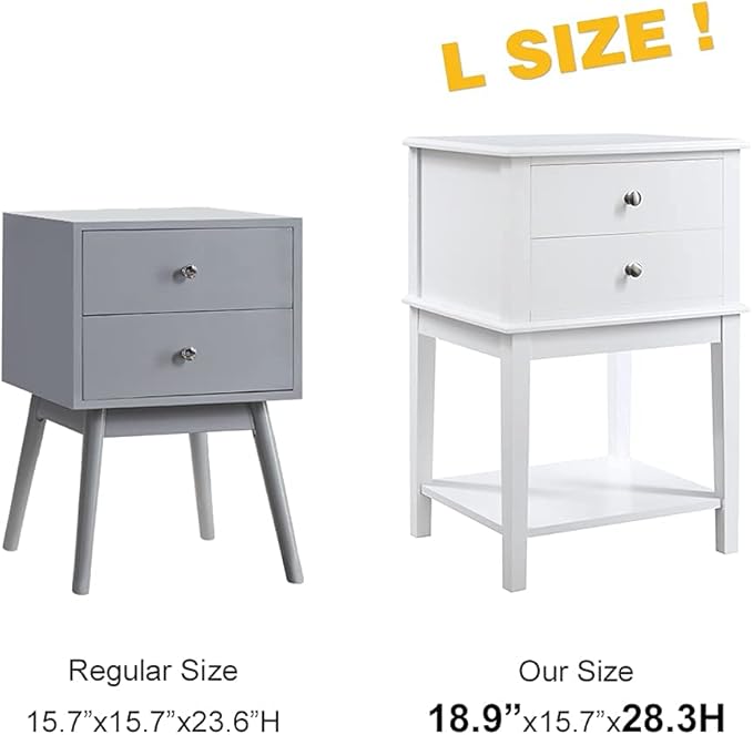 conifferism White Nightstand 2 Drawers and Storage Shelf, 28 Inch High Bedroom Night Stand, Contemporary Modern Bed Side Table, Living Room Country Cottage 19 Inch Wide End Table Metal Sliders
