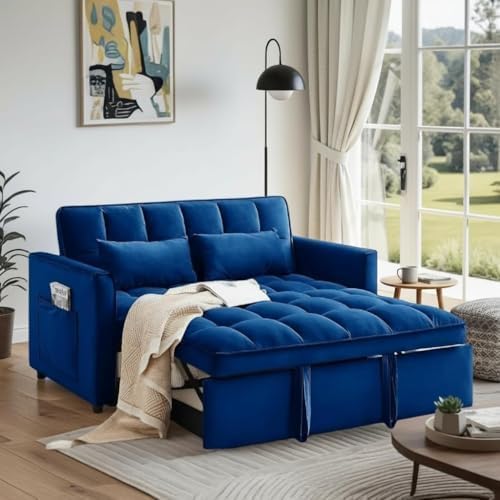 54" Convertible Pull Out Sofa Bed with Adjustable Backrest, Blue