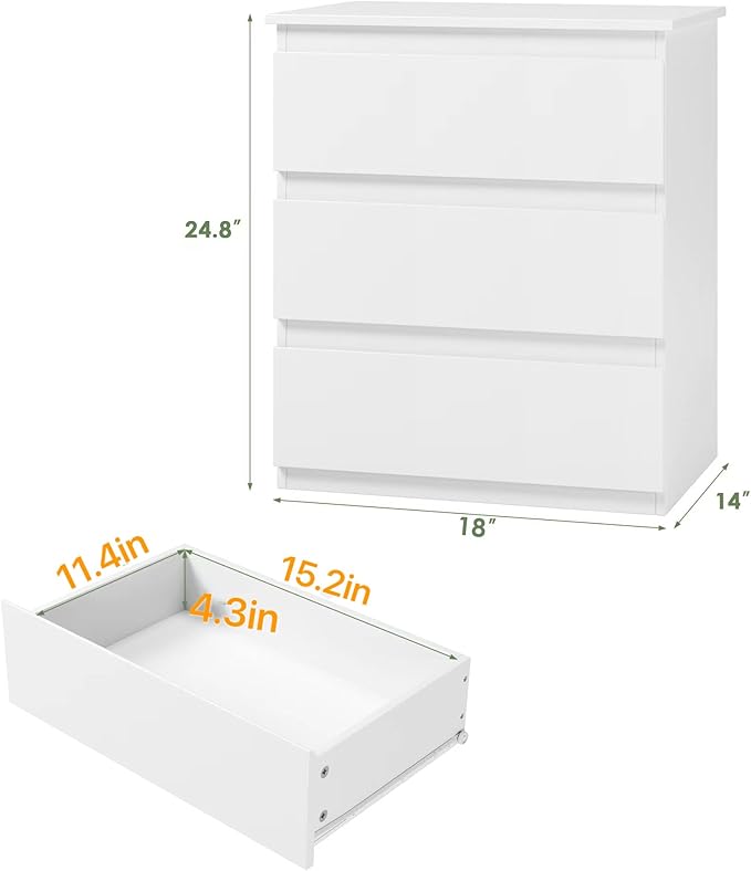 Bamjoy White Nightstand with 3 Drawers, Beside Table with Drawers for Bedroom, Small Side Table Storage Cabinet 3 Drawer Night Stand for Home Office, 18.0W x 14.0D x 24.8H Inches