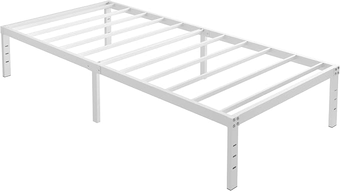 14 Inch Twin Bed Frames No Box Spring Needed, Heavy Duty Metal Twin Platform Bed Frame with Large Underbed Storage Space, Noise Free, Easy Assembly, White