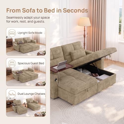 Convertible Sectional Sofa Bed with Storage, Tray & USB Port, Khaki