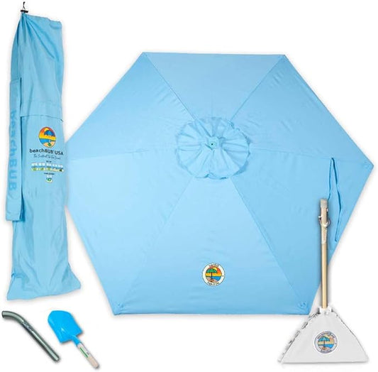BEACHBUB ALL-IN-ONE BEACH UMBRELLA SYSTEM. Includes ULTRA Base (compliant with the ASTM F3681-24 Beach Umbrella Safety Standard). (Caribbean Blue)