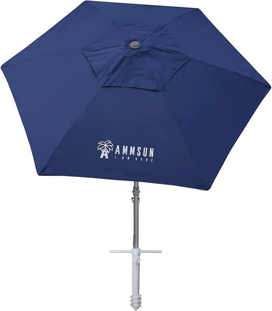 AMMSUN 8ft Large Beach Umbrellas for Sand Heavy Huty Wind Portable Commercial Grade Patio Beach Umbrella with Sand Anchor Hanging Hook Weight Sandbag Adjustable Height Air Vent UPF 50+ Telescoping Pole without tilt Navy