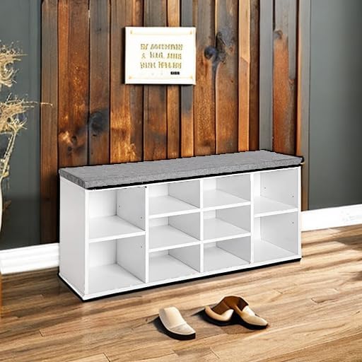 PayLessHere Shoe Bench Storage Bench Entryway Bench Shoe Storage Organizer, 11.8 x 40.9 x 20.7 Inches, with Cushion and 10 Adjustable Compartments for Living Room Entryway Hallway Bedroom