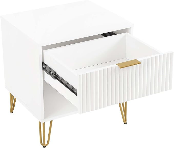Manhattan Comfort Dumbo Modern Nightstand 1.0 with 1 Drawer and Metal Feet | Splayed Gold Legs | Vertical Ribbed Design | No Tool Assembly Storage for Bedroom & Living Room, Set of 2, White