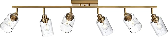 MELUCEE 6 Light Bathroom Vanity Light Fixtures Multi-Directional Rotating Track Lighting Kit Brass, Ceiling Spotlight Fixture for Kitchen Foyer Bath, Clear Glass Shade