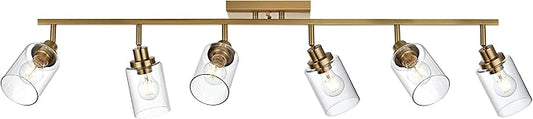 MELUCEE 6 Light Bathroom Vanity Light Fixtures Multi-Directional Rotating Track Lighting Kit Brass, Ceiling Spotlight Fixture for Kitchen Foyer Bath, Clear Glass Shade
