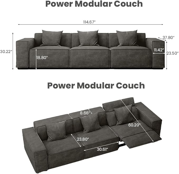 115'' Minimalist Power Recliner Sofa for Living Room,Performance Fabric Sofa with Pillows, Modern Large Seat with Recliners, Pet Friendly, Free Combination for Home