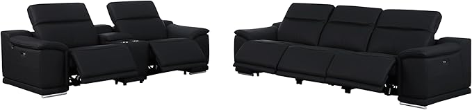 BlackJack Furniture Venice Top Grain Italian Leather Power Recline 6 Piece 5 Seater Sofa - 107" Theater Seating Modern Couch for Living Room Apartment with Adjustable Headrests & USB Port, Black