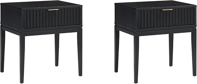 Nathan James Jasper Boho Side Table, Solid Wood Bedroom Nightstand or Bedside Table with Drawer with Fluted Doors and Brass Handles, Black, Set of 2