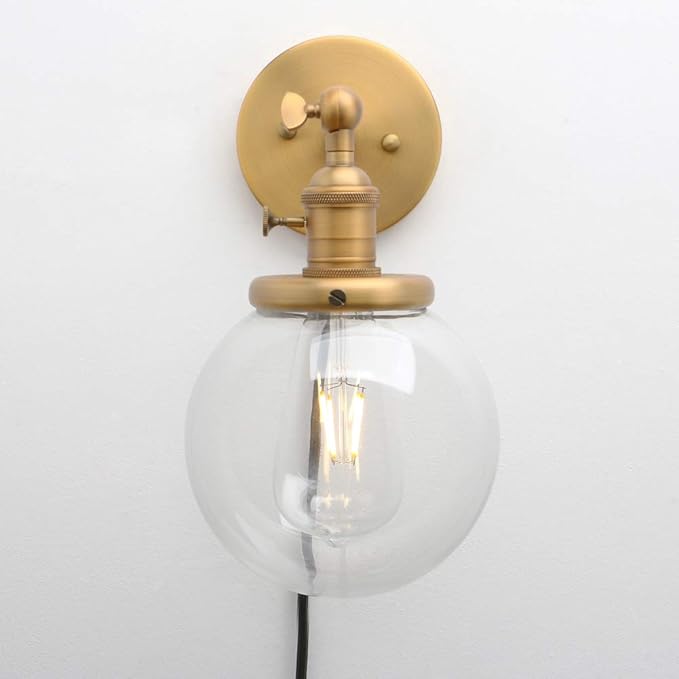 PERMO Plug in Sconce On/Off Switch Wall Sconce with 5.9" Round Globe Clear Glass Shade Vintage Industrial 1-Light Wall lamp Light Fixture (Antique Gold)