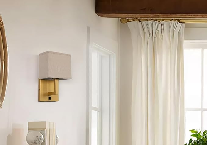 Yosoan Linen Boho Fabric Wall Sconce with On Off Switch, 1-Light Brass Vanity Retro Hardwired Indoor Vintage Industrial Wall Mount Lamp Fixture Lighting for Bedside Living Room Stairwell(Antique)