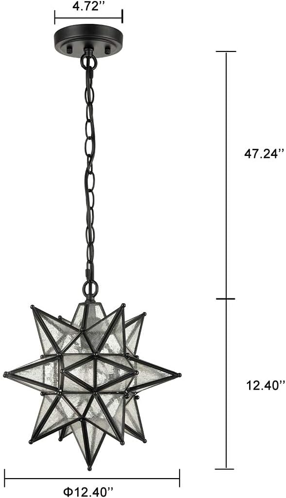 DIRYZON EUL 13 Inch Industrial Moravian Star Pendant Light with Seeded Glass Shade Hanging Chain