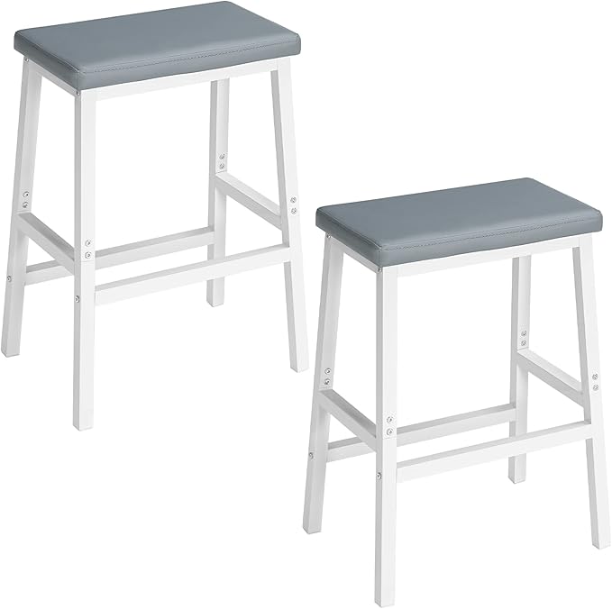 HOOBRO Bar Stools, Set of 2 Bar Chairs, Counter Height Bar Stools, 24 Inch Barstools for Kitchen Counter, PU Upholstered Kitchen Stools, for Kitchen, Bar, Dining Room, White and Gray WG01MD01