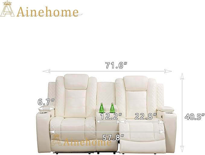 A Ainehome Power Leather Recliner Sofa Set with LED Lights, Recliner Sofa Sectional Couches for Living Room, Reclining Sofa and loveseat with USB Port/Storage Console(Creamy White,loveseat)
