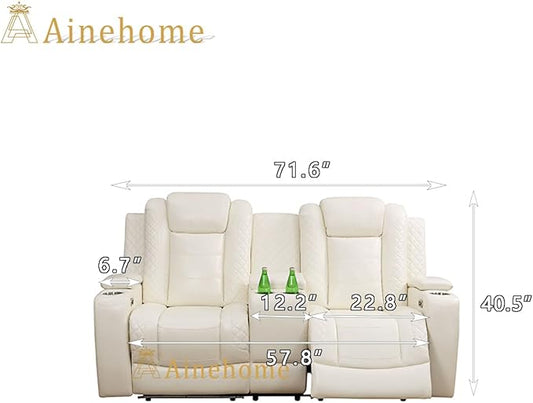 A Ainehome Power Leather Recliner Sofa Set with LED Lights, Recliner Sofa Sectional Couches for Living Room, Reclining Sofa and loveseat with USB Port/Storage Console(Creamy White,loveseat)