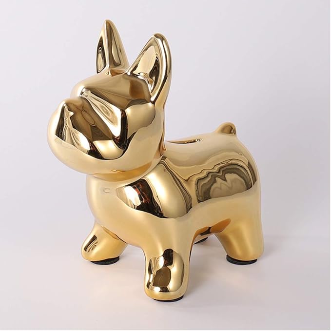 Ceramic Frenchie Decor with Non-Slip Pad, Decorative Coin Piggy Bank, French Bulldog Statue Decor, Gold Dog Decor, Bookshelf Decorative Objects for Bedroom, Coffee Table Decor Items