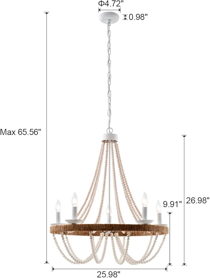 Wood Beaded Chandelier 5 Lights Boho Candle French Country Farmhouse Chandelier Bohemia Pendant Light for Living Room Dining Room Kitchen Foyer, Distressed White, Dia 26”