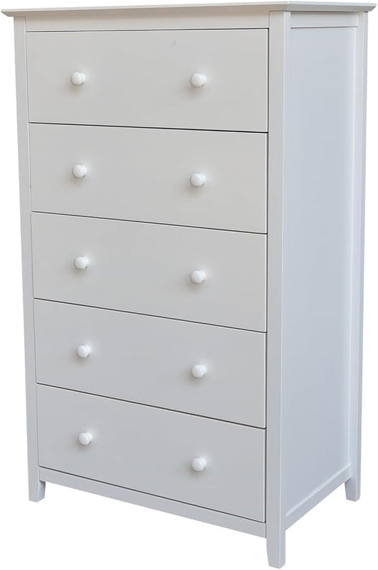 International Concepts Solid Wood Bedroom Dresser/Chest with 5 Drawers in White
