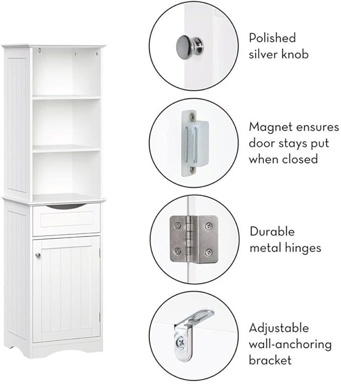 RiverRidge, White Ashland Bathroom Freestanding Storage Cabinet with Three Open Shelves and Drawer