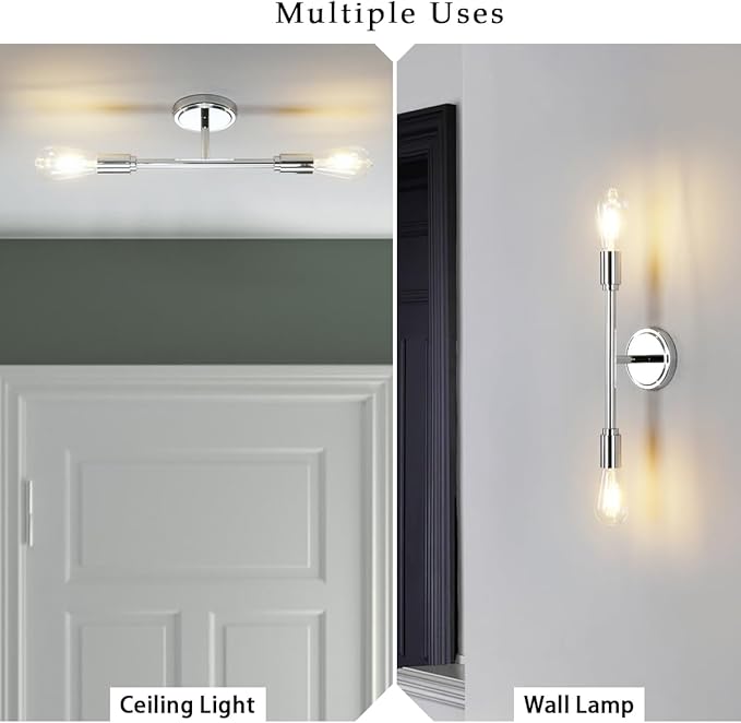Phansthy Modern Double Sconce Wall Lighting, Bathroom Vanity Light Fixture Horizontal and Vertical, 2-Light Indoor Wall Lamps for Mirror Hallway Kitchen Living Room (Brushed)