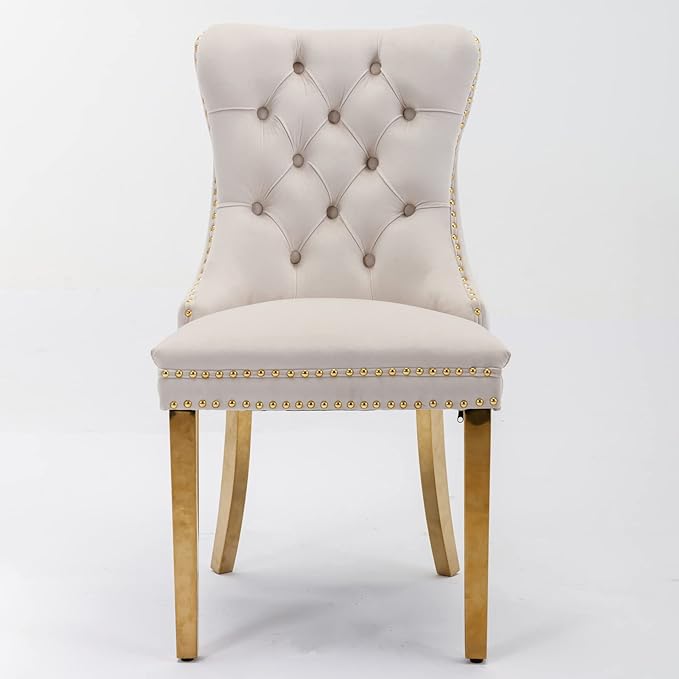 Set of 2 Solid Wood Contemporary Velvet Upholstered Dining Chair with Golden Stainless Steel Plating Legs,Distinction W/Nailhead Trim,for Living Romm,Apartment,Beige and Gold