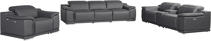 BlackJack Furniture Venice Top Grain Italian Leather Recliner 7 Seater 5 Power Reclining 3 Piece Sofa Set with Adjustable Headrests Modern Seating Sofa, Loveseat and Chair for Living Room, Dark Grey