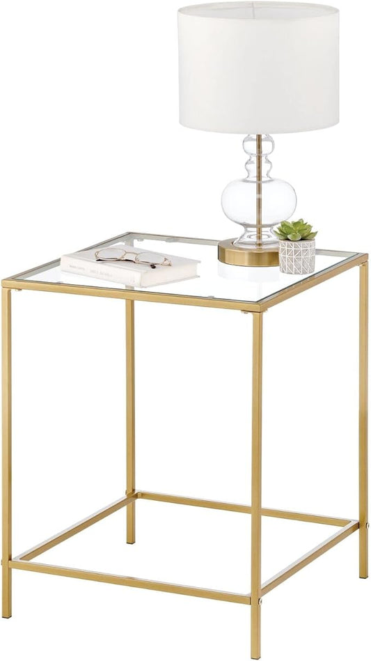 mDesign Glass Top Side/End Table - Small Minimalistic Square Geometric Accent Metal Nightstand Furniture for Living Room, Dorm, Home Office, and Bedroom - Soft Brass