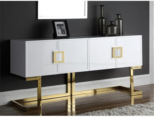 Meridian Furniture Beth Collection Modern | Contemporary Sideboard Buffet, Rich Gold Stainless Steel Base, White Laquer Finish, 64" W x 18" D x 31" H, Cabinet