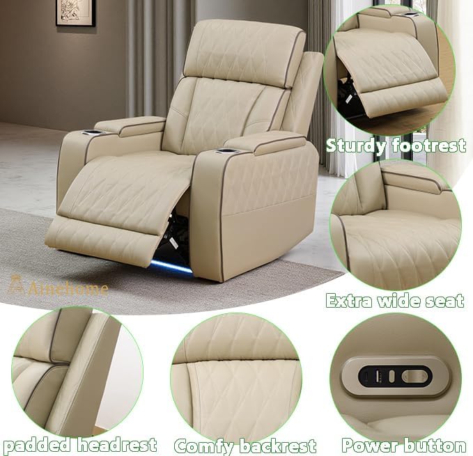 A Ainehome Reclining Sectional Sofa Set with USB Chargers, Leather Living Room Set, L Shaped Recliner Couch with 4 Recliner Seats/Storage Console for Living Room/Office/Home Theather(C-Beige)