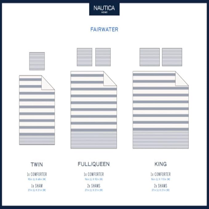 Nautica - King Comforter Set, Soft Yarn-Dyed Cotton Bedding, Medium Weight for Year Round Use, 3 Piece Bed Set with Matching Pillowcases (Fairwater Blue)