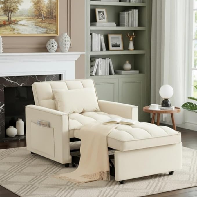 Sleeper Chair, Pull Out Chair Sleeper with Adjustable Back & Pocket, Convertible Chairs Bed Sleepers for Adults, 3 in 1 Sofa Bed Chairs for Small Spaces, Living Room, White