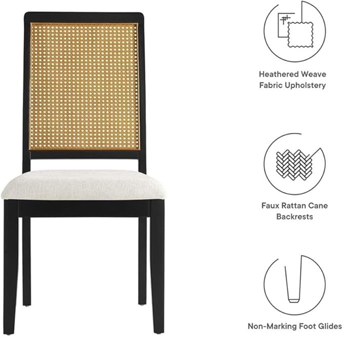 Modway Arlo Wood and Faux Rattan Dining Chairs Set of 2 in Black Natural Heathered Weave Ivory - Modern Farmhouse Accent Chairs - Fabric Upholstered Chairs for Dining Room
