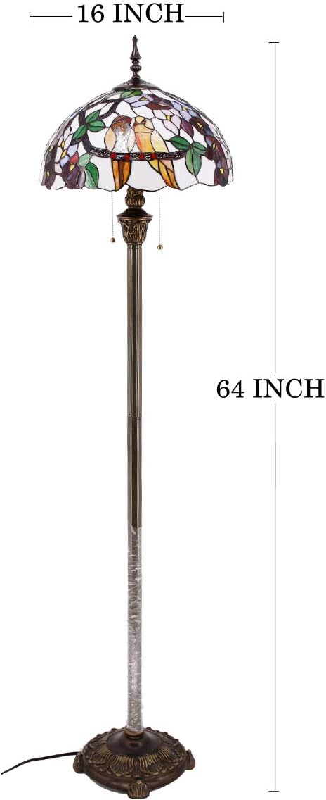 WERFACTORY Tiffany Floor Lamp Double Tropical Birds Stained Glass Standing Reading Light 16X16X64 Inches Antique Pole Corner Lamp Decor Bedroom Living Room Home Office S803 Series