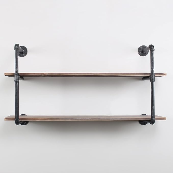 MBQQ Industrial Pipe Shelving Wall Mounted,48in Rustic Metal Floating Shelves,Steampunk Real Wood Book Shelves,Wall Shelf Unit Bookshelf Hanging Wall Shelves,Farmhouse Kitchen Bar Shelving(2 Tier)
