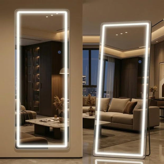 Antok LED Full Length Mirror with Light, 58"x18" Lighted Full Body Mirror with Stand, Dimmable & 3 Color Lighting Standing/Leaning/Wall Mounted Vanity Mirror for Bedroom Cloakroom Livingroom(Rect)