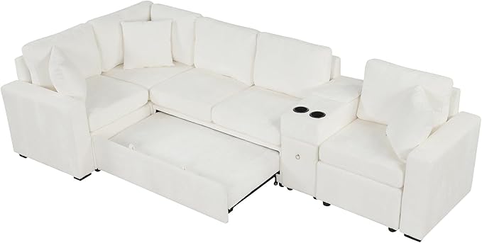 ERYE 120.5-Inch Oversized Sleeper Sectional Sofa W/Pull Out Sleeper Couch Bed, Modern Chenille Upholstered Reversible Modular Sectional Sleeper Sofa with Console & Cupholders | Storage