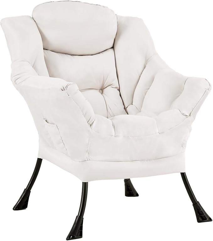 Lazy Chair for Living Room, Modern Accent Chairs with Armrests, Beige Armchairs with Side Pocket, Cozy Lazy Sofa for Reading, Balcony, Bedroom, Dorm, Small Spaces