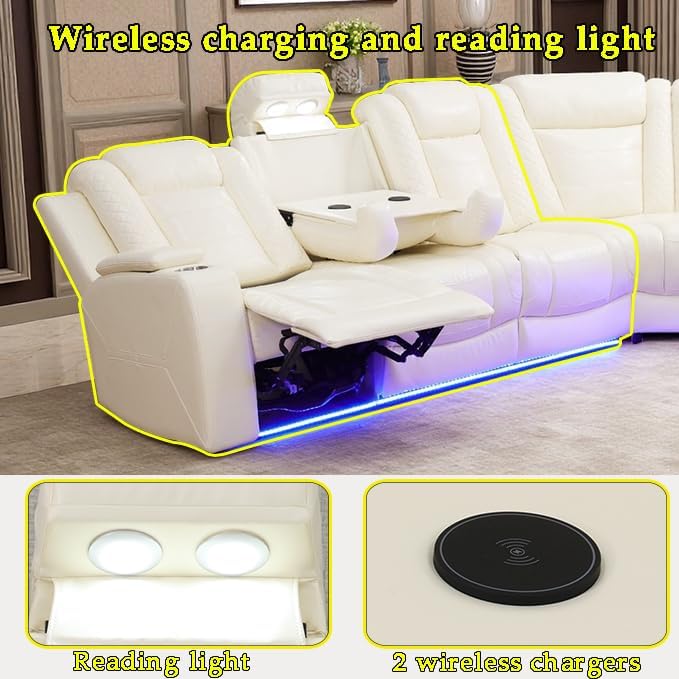 A Ainehome Living Room Furniture Reclining Sectional Sofa Set, Power Recliner Adjustable Sofa, Loveseat and Chair with USB Chargers/Storage Console for Living Room/Office/Home Theather(B-Off-White)