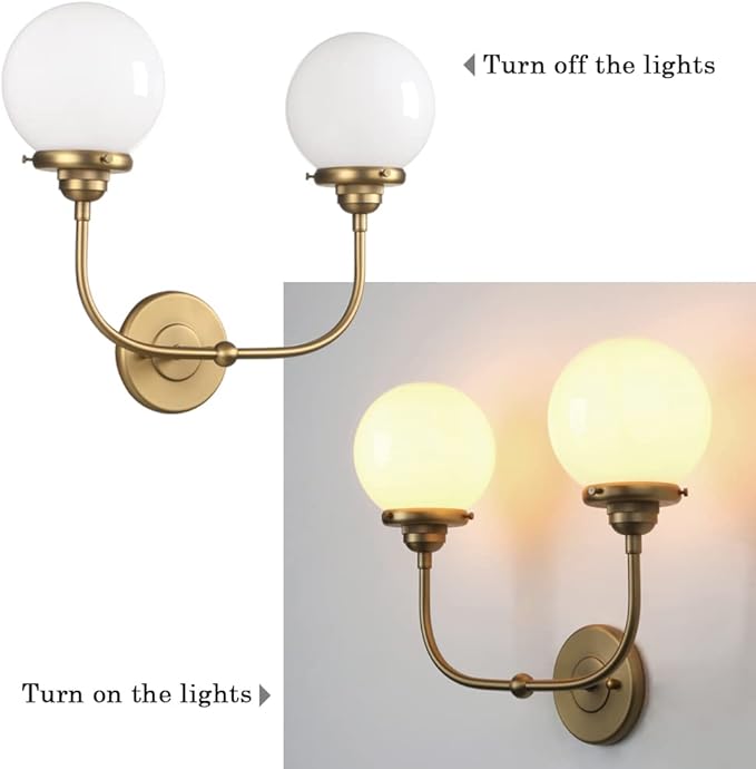 PERMO Vanity Light Classic Gold Double Sconce with 5.9" Round Globe Milk White Glass Shade Bathroom 2 Lights Sconces for Bedroom Living Room Hallway