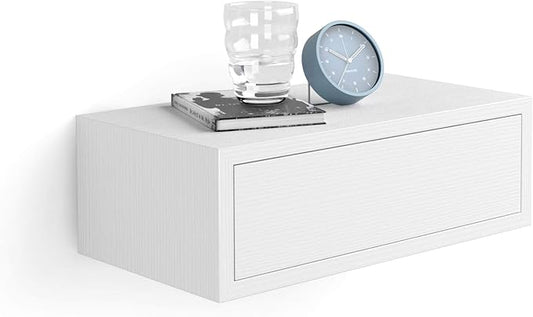 Mobili Fiver, Riccardo Floating nightstand, Ashwood White, 17.7" x 9.8" x 6.1 ", Melamine-Finished, Modern Bedside Table, End Table, Italian Furniture
