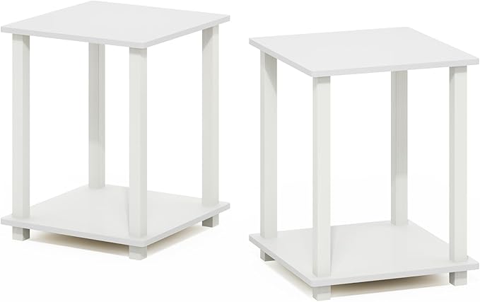 Furinno Simplistic Side Table Set of 2, 2-Tier Square Modern End Table, Nightstand, Night Stand, Bedside Table, Toolless Assembly, for Living Room, Bedroom, White