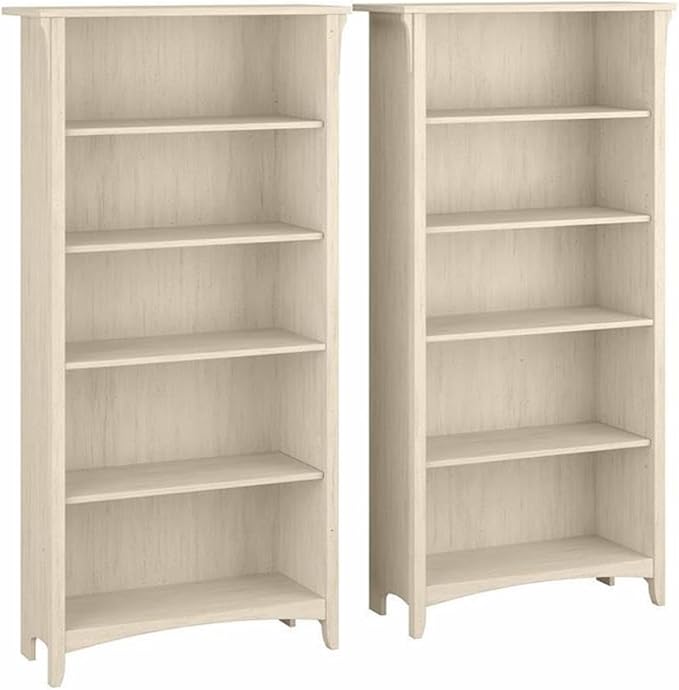 Bush Home Salinas Tall 5 Shelf Bookcase - Set of 2 in Antique White, Vertical Office Storage, Bookshelves for Home Workspace, Multi-Purpose Shelving Units