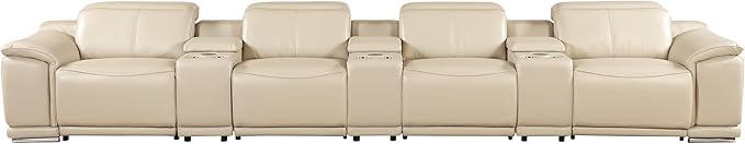BlackJack Furniture Venice Top Grain Italian Leather Power Recline 7 Piece 4 Seater Sofa - 175" Theater Seating Modern Couch for Living Room Apartment with Adjustable Headrests & USB Port, Beige