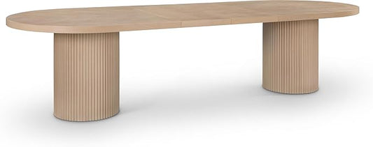 Meridian Furniture 725Oak-T Belinda Collection Mid-Century Modern Solid Wood White Oak Veneer Dining Table, Oval Design, Fluted Bases, 2 Leaves Included, 90"/106.5"/123" W x 47.5" D x 31" H, White