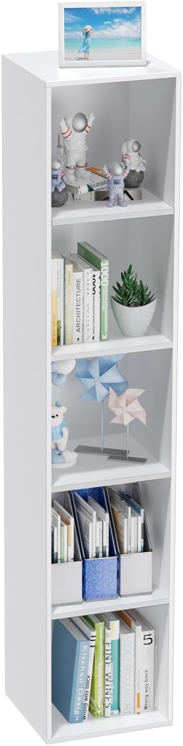5 Tier Bookshelf, Open Tall Narrow Floor Standing Bookcase, Wooden Book Shelf Display Organizer for Home Office, Study (White, 5 Cube)