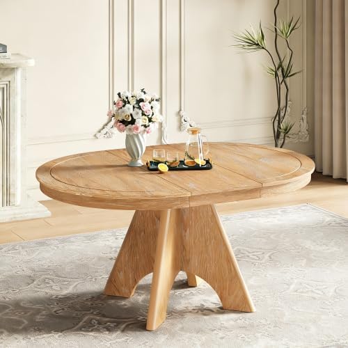 Bellemave 42"-58" Extendable Dining Table for 4-6, Farmhouse Round Kitchen Table with Removable Leaf and Crossed Legs for Kitchen, Dining Room (Natural Wood Wash)