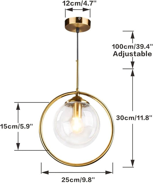 BOKT Clear Bubble Glass Globe Pendant Light Brushed Gold Circle Round Pendant Lighting Mid Century Modern 1-Light Large Single Kitchen Island Bar Lighting Fixture Ceiling Hanging
