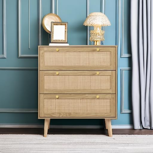 Anmytek 3 Drawer Dresser for Bedroom, Rattan Dresser Modern Wood Chest of Drawers with Spacious Storage for Bedroom Hallway Living Room, Rustic Oak, H0027